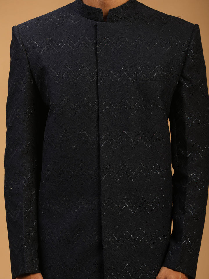 Men's Navy Blue Glitter Indo Western Sherwani With Kurta Pant Set