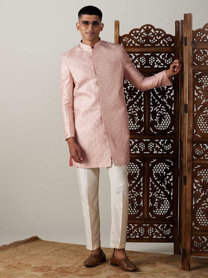 Men's Peach Sequined Indo Western Sherwani Set