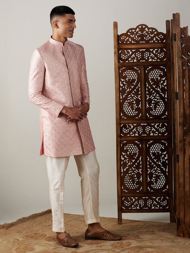 Men's Peach Sequined Indo Western Sherwani Set