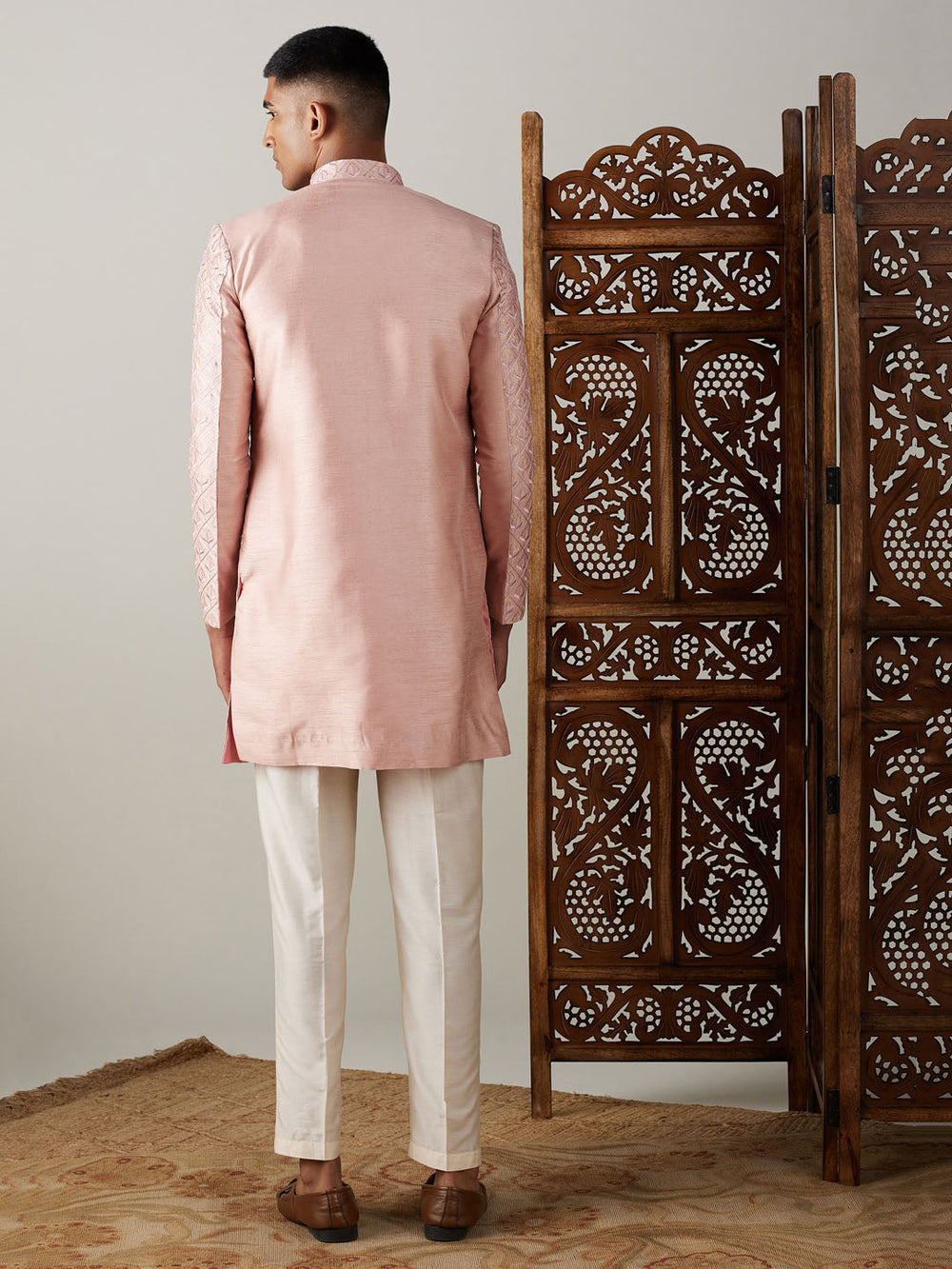 Men's Peach Sequined Indo Western Sherwani Set