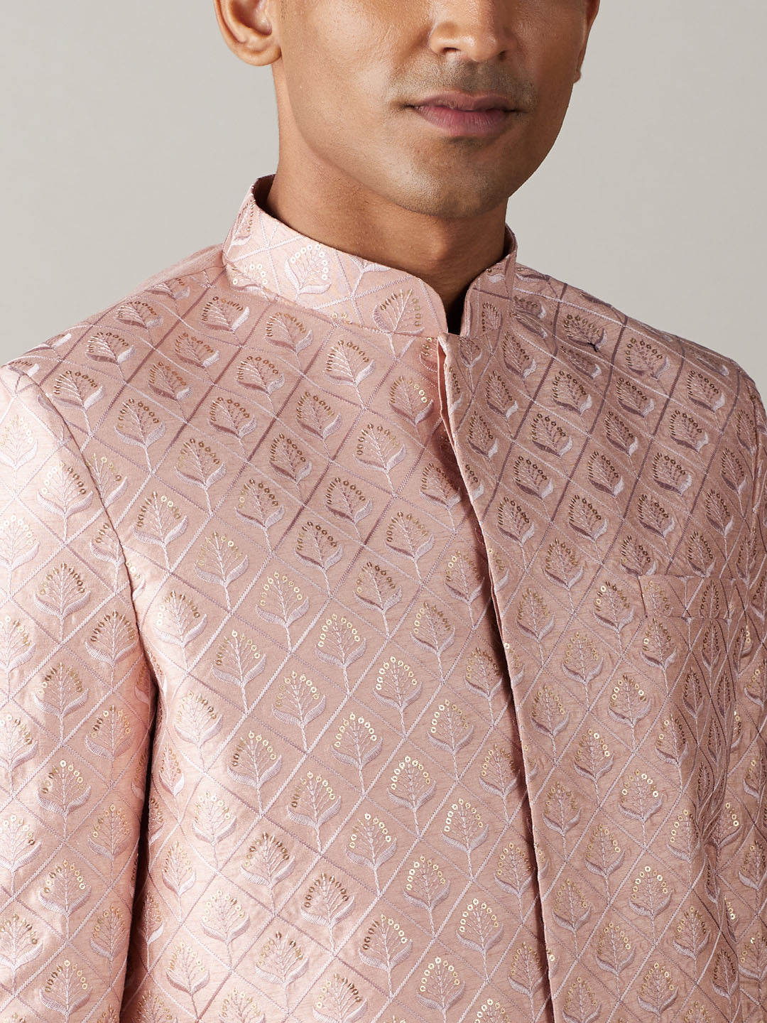 Men's Peach Sequined Indo Western Sherwani Set