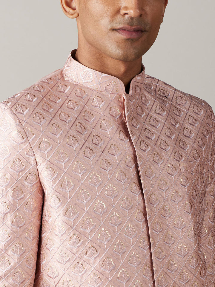 Men's Peach Sequined Indo Western Sherwani Set
