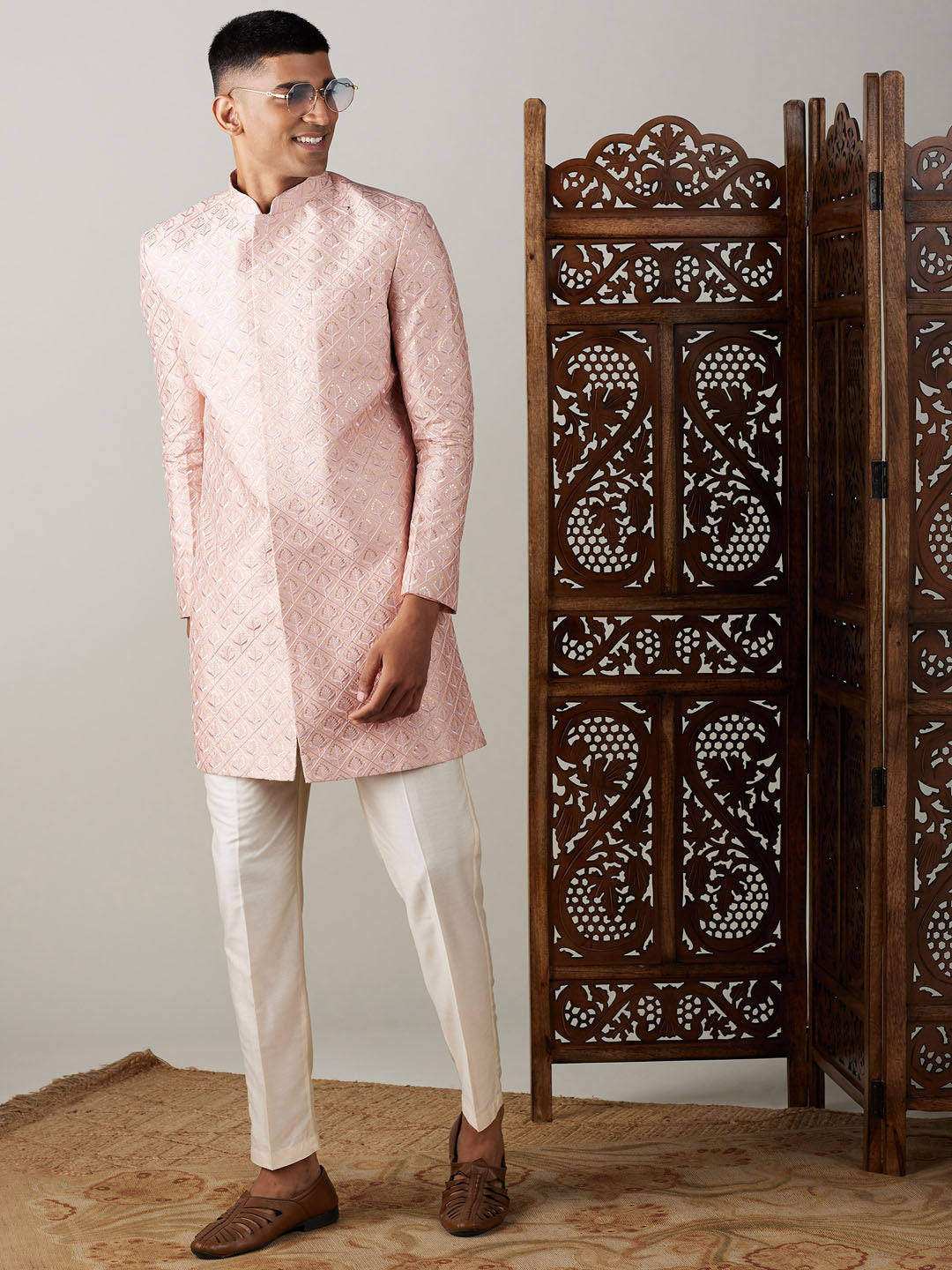 Men's Peach Sequined Indo Western Sherwani Set