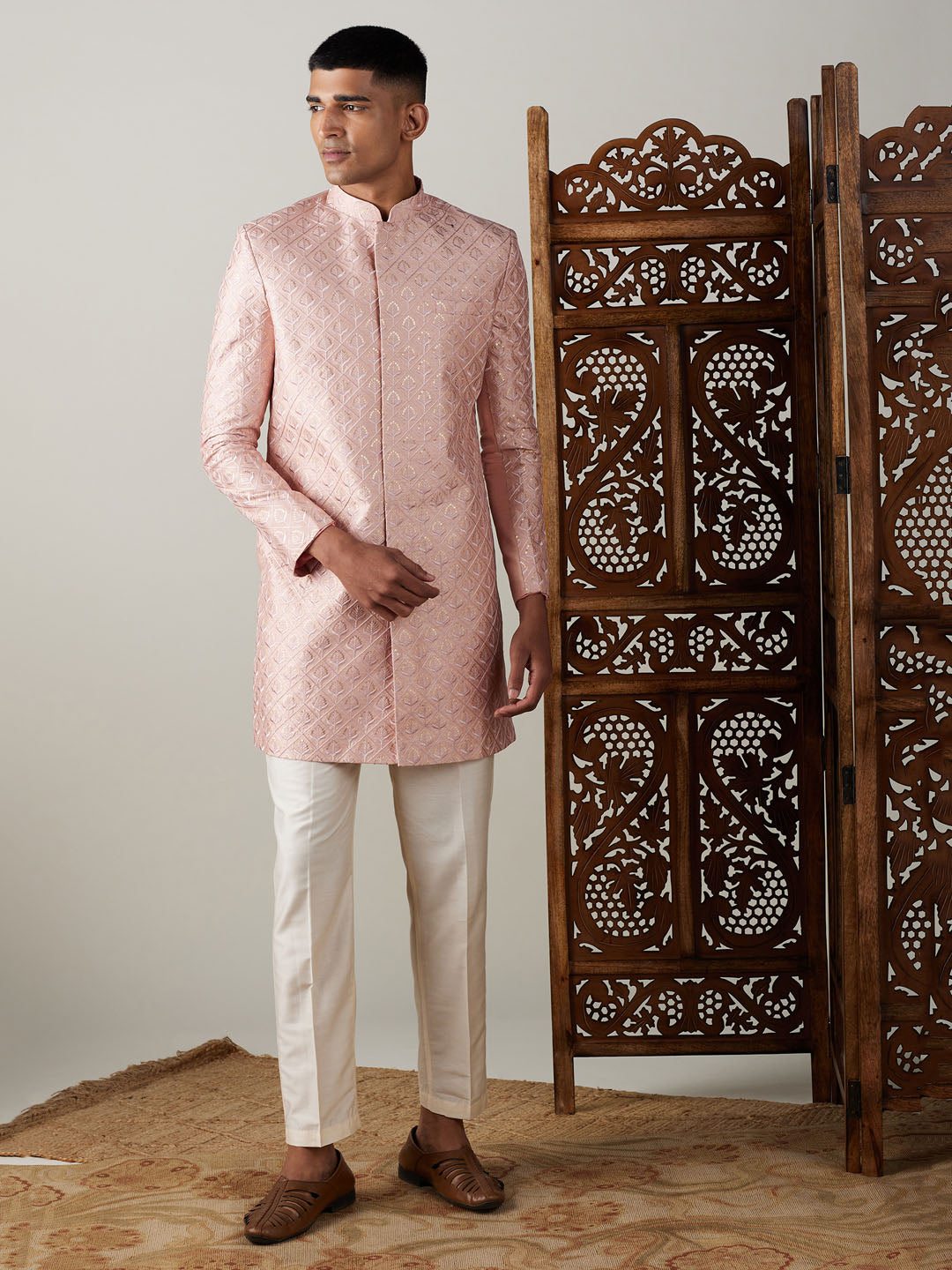 Men's Peach Sequined Indo Western Sherwani Set