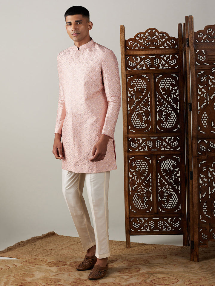 Men's Peach Sequined Indo Western Sherwani Set