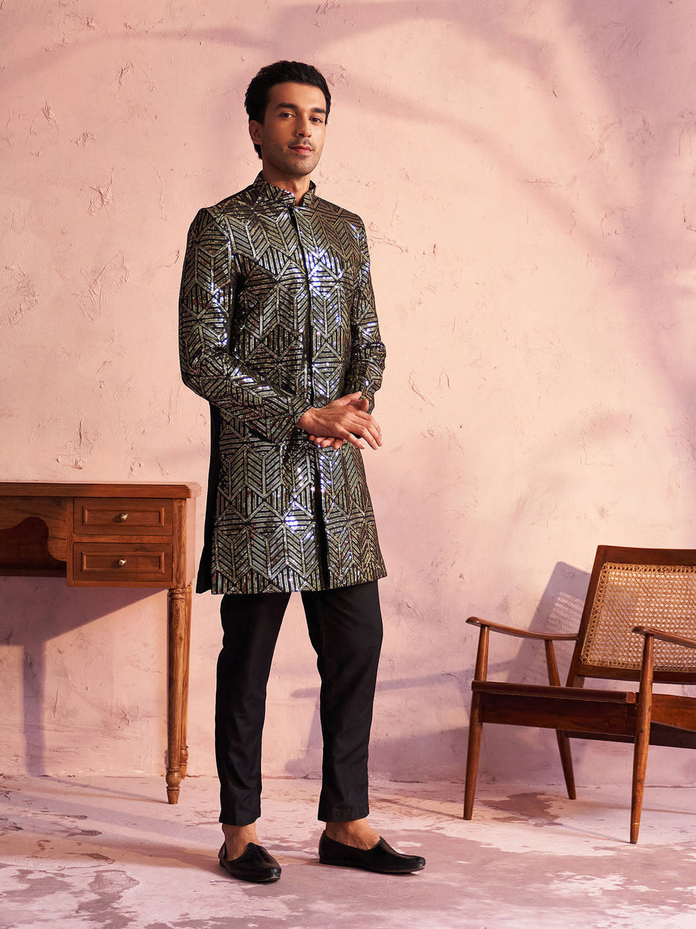 Men's Black Georgette Embellished Indo Set