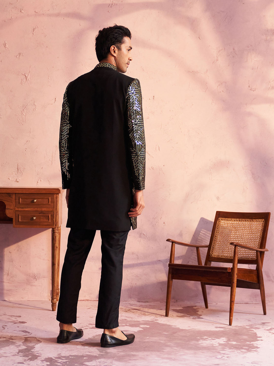 Men's Black Georgette Embellished Indo Set