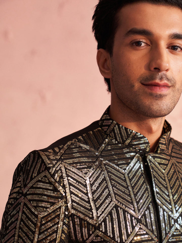 Men's Black Georgette Embellished Indo Set