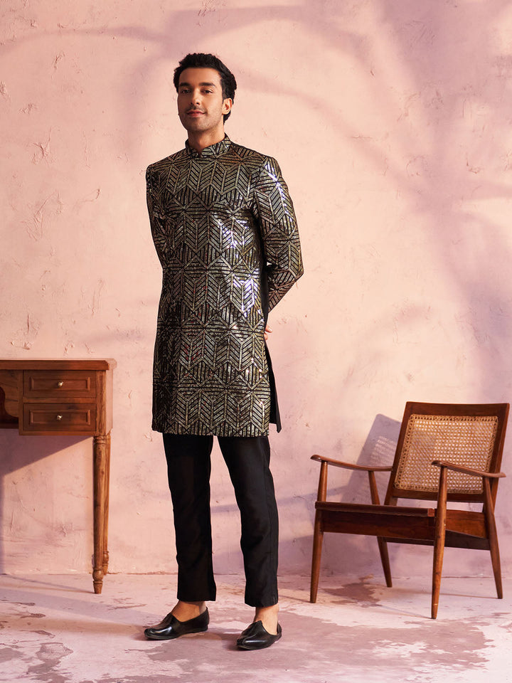 Men's Black Georgette Embellished Indo Set