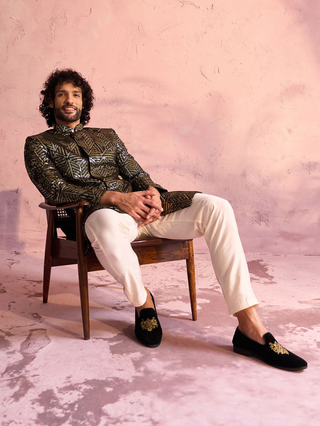 Men's Black Georgette Embellished Indo Set