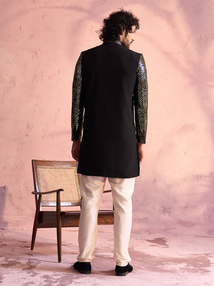 Men's Black Georgette Embellished Indo Set