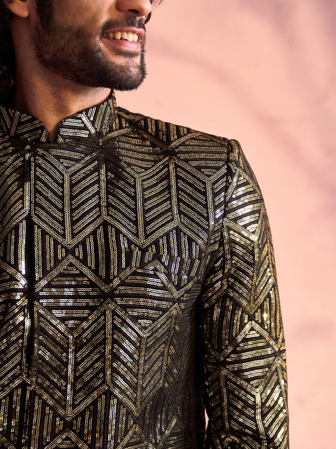 Men's Black Georgette Embellished Indo Set