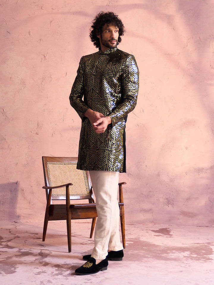 Men's Black Georgette Embellished Indo Set