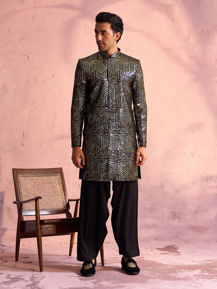 Men's Black Georgette Embellished Indo Set