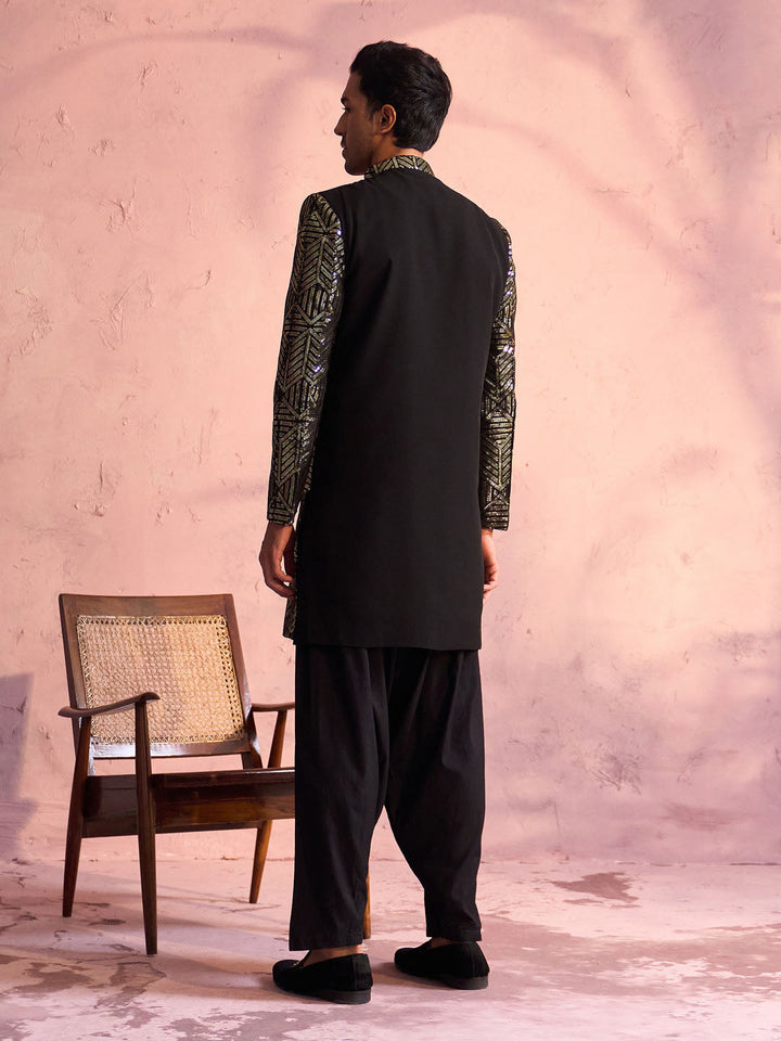 Men's Black Georgette Embellished Indo Set