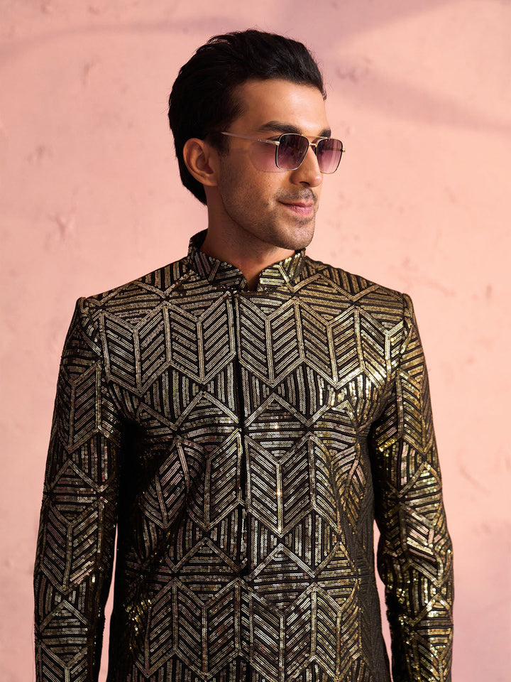 Men's Black Georgette Embellished Indo Set