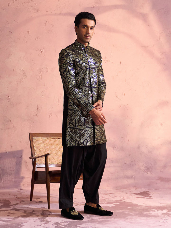 Men's Black Georgette Embellished Indo Set