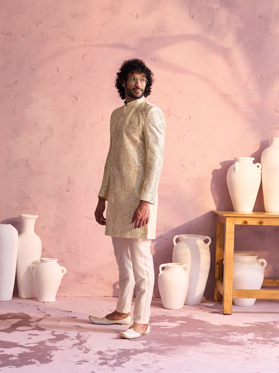 Men's Cream Georgette Embellished Indo Set