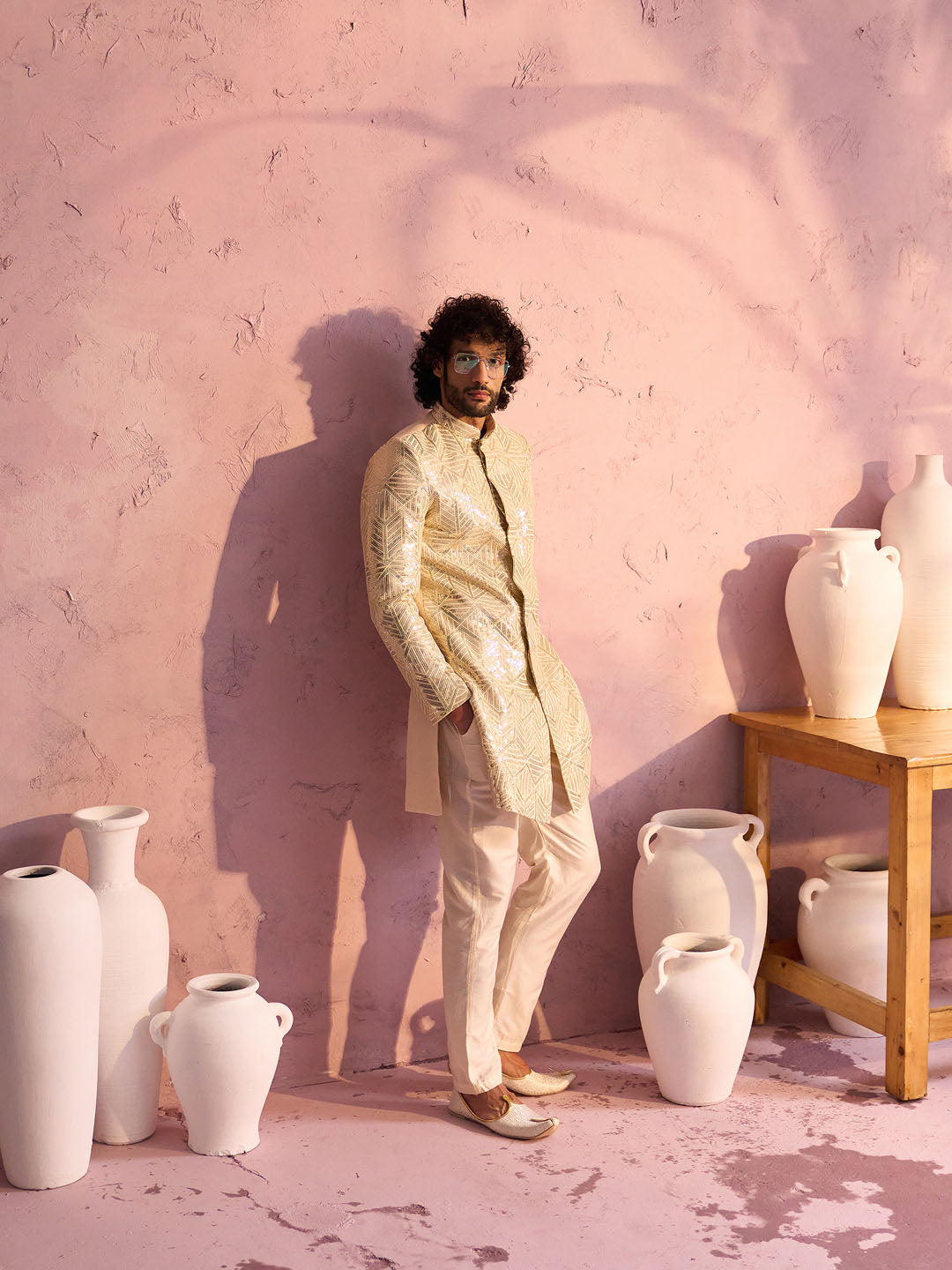 Men's Cream Georgette Embellished Indo Set
