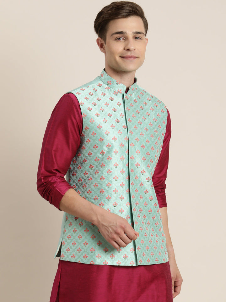 Men's Green Embroidered Ethnic Jacket