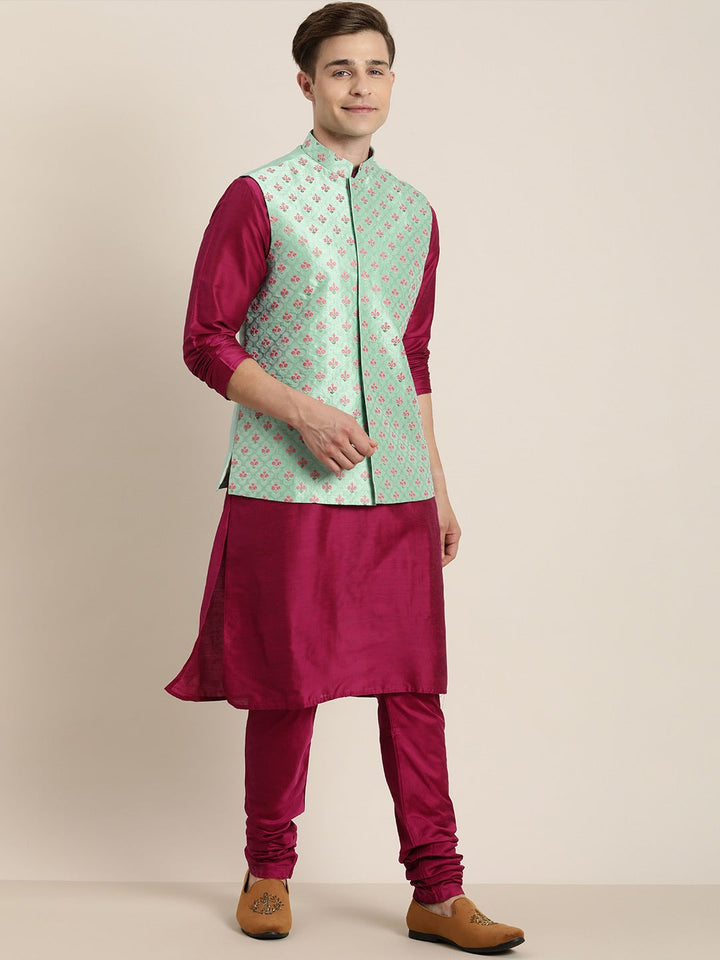 Sarvati Men's Light Green Nerhu Jacket With Dark Pink Kurta Pyjama Set