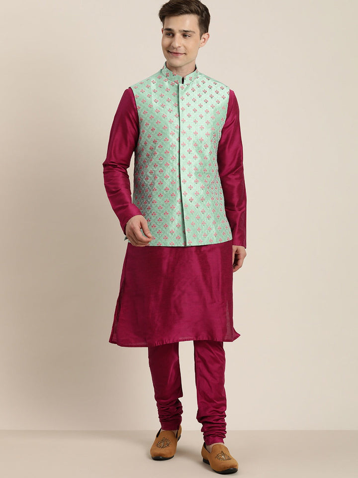 Sarvati Men's Light Green Nerhu Jacket With Dark Pink Kurta Pyjama Set