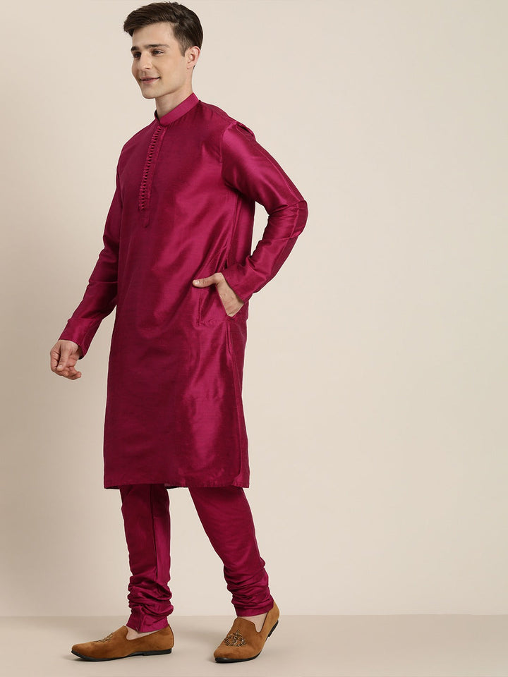 Sarvati Men's Light Green Nerhu Jacket With Dark Pink Kurta Pyjama Set