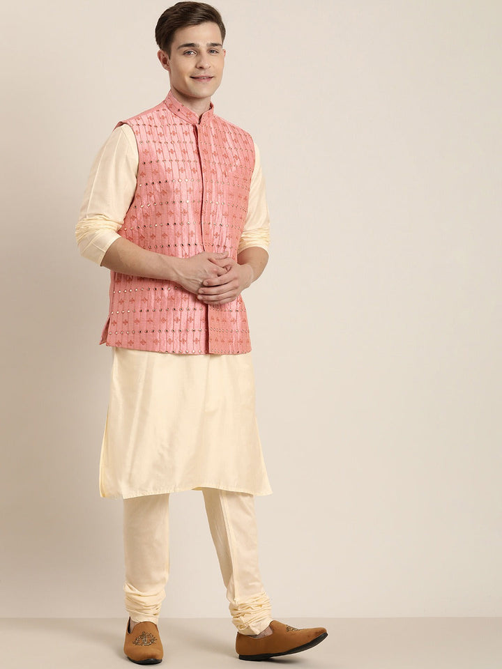 Sarvati Men's Beige Mirror Work Kurta with Churidar With Ethnic Jacket