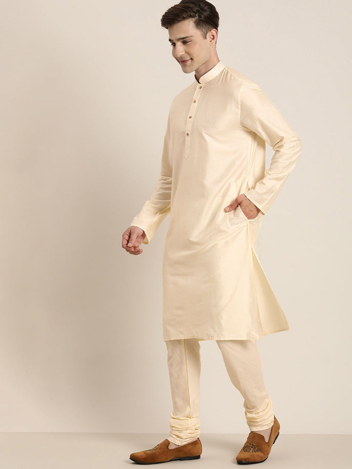 Sarvati Men's Beige Mirror Work Kurta with Churidar With Ethnic Jacket