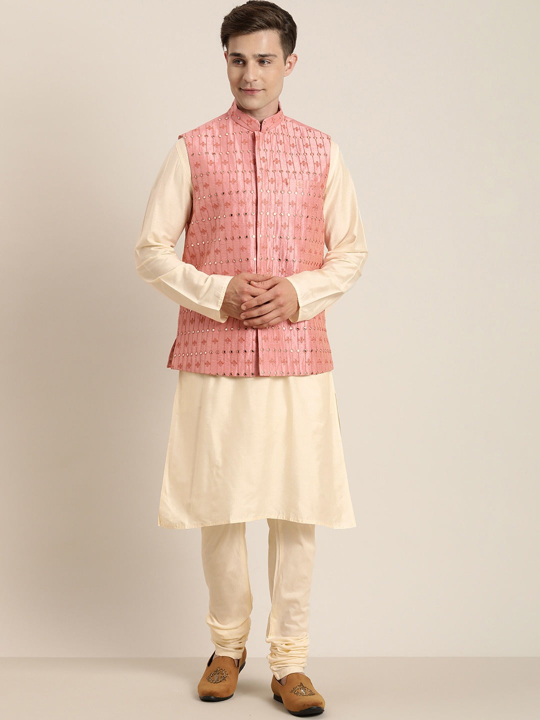 Sarvati Men's Beige Mirror Work Kurta with Churidar With Ethnic Jacket