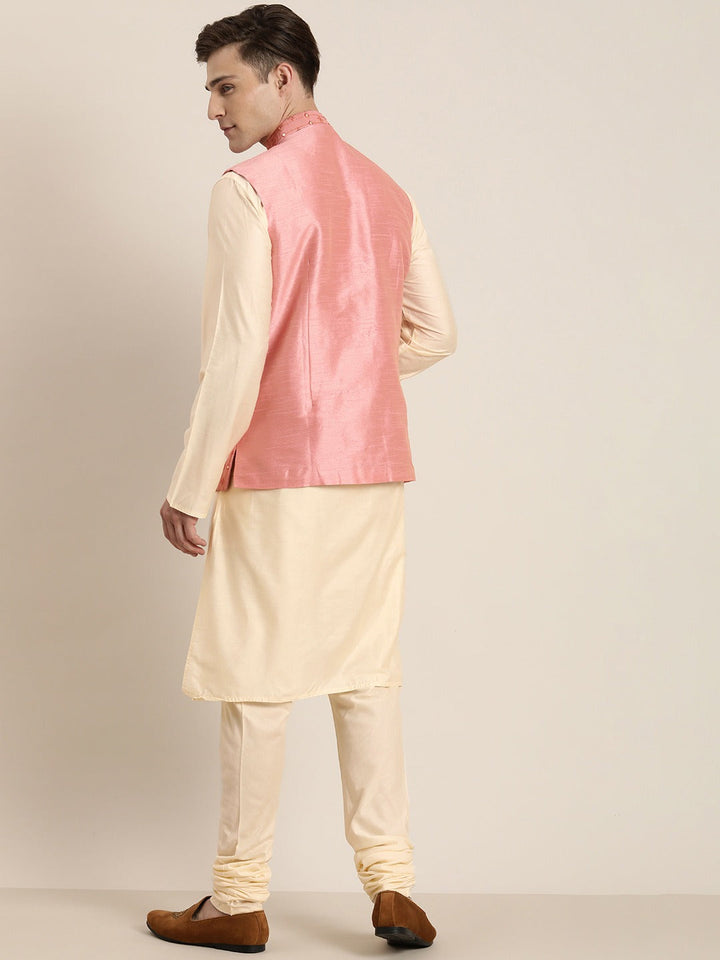 Sarvati Men's Beige Mirror Work Kurta with Churidar With Ethnic Jacket