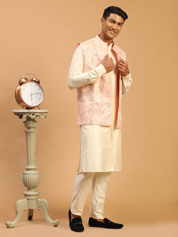 Sarvati Men's Pink Jacket With Kurta Pant Set