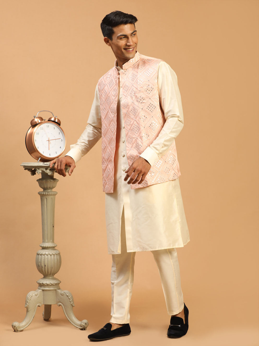 Sarvati Men's Pink Jacket With Kurta Pant Set