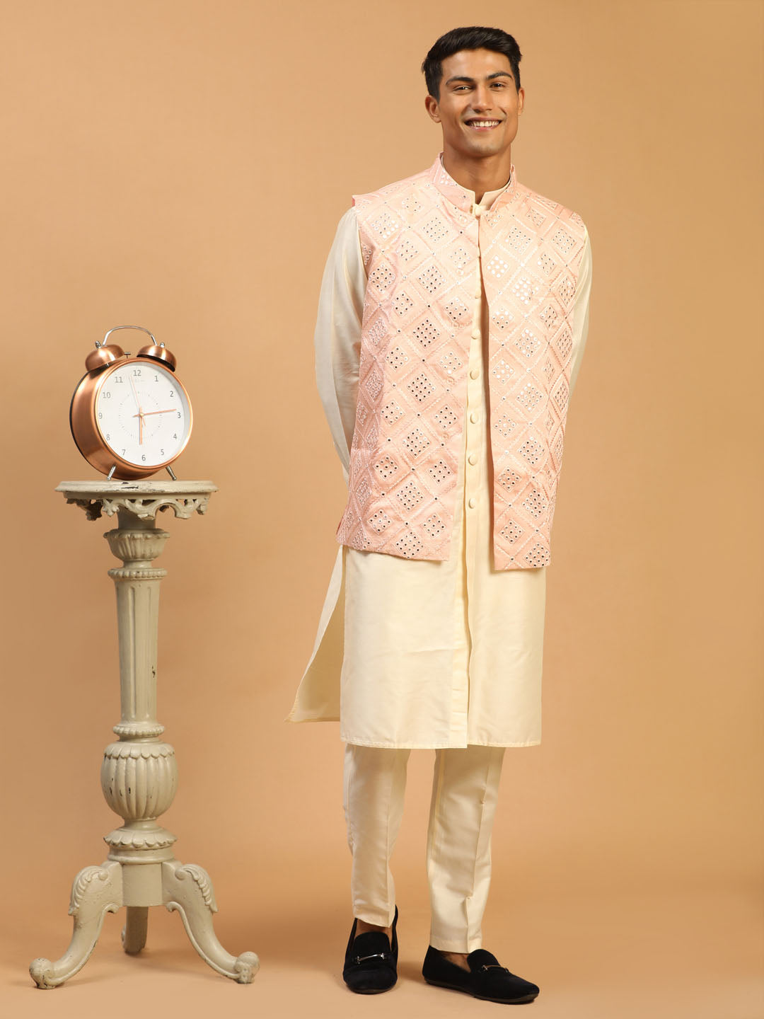 Sarvati Men's Pink Jacket With Kurta Pant Set