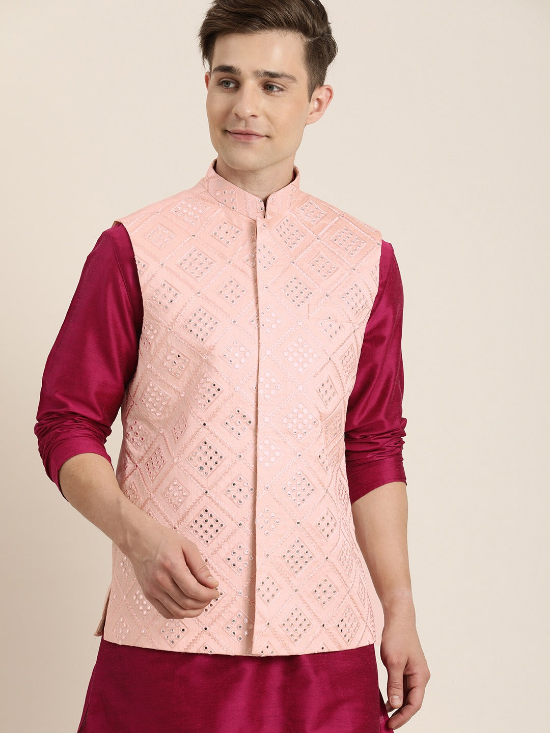 Sarvati Men's Fuchsia & Pink Solid Kurta with Churidar & Nehru Jacket