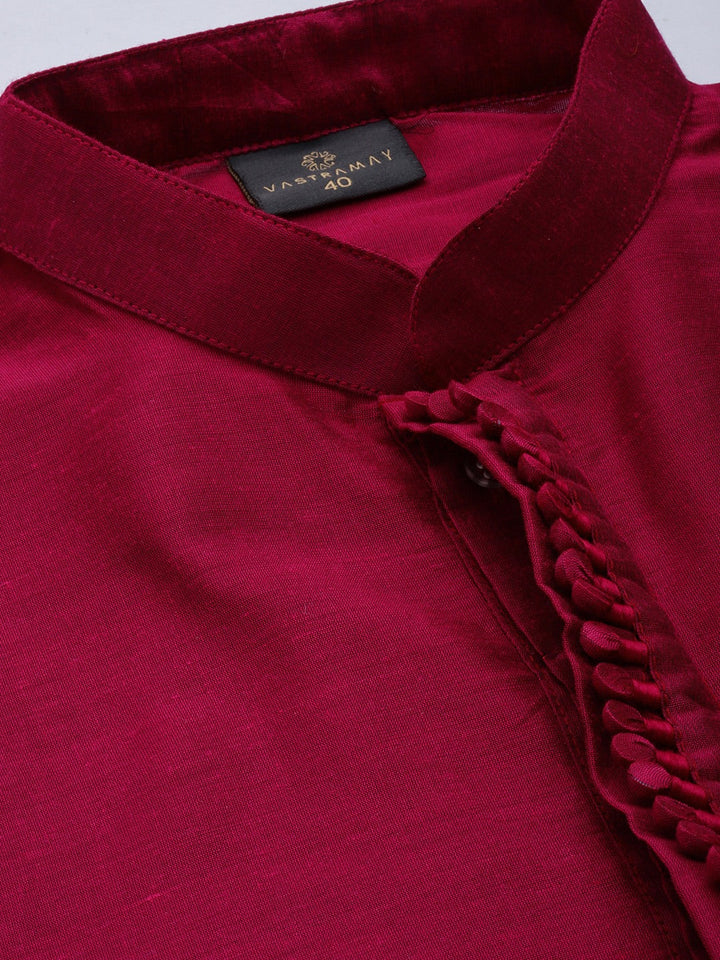 Sarvati Men's Fuchsia & Pink Solid Kurta with Churidar & Nehru Jacket