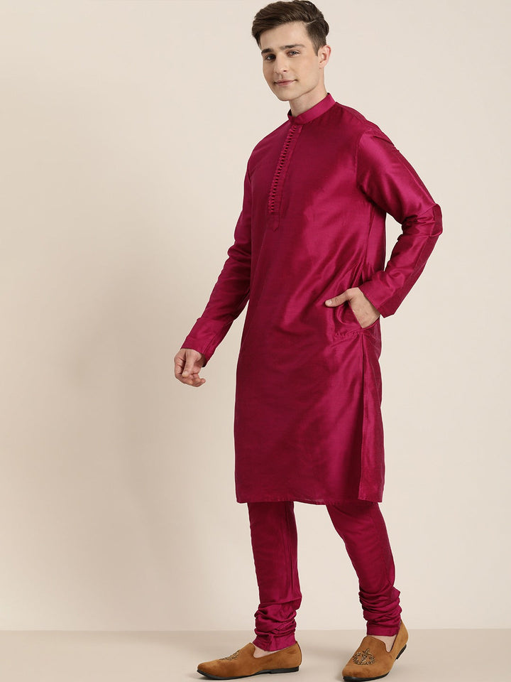 Sarvati Men's Fuchsia & Pink Solid Kurta with Churidar & Nehru Jacket