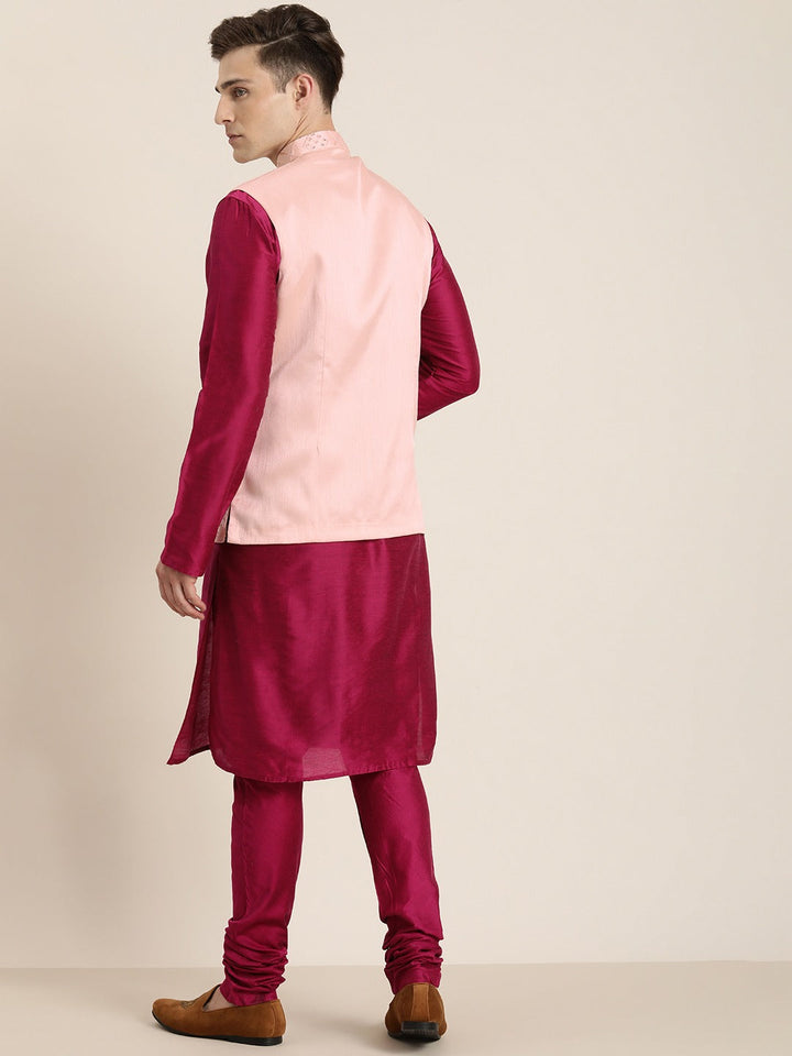 Sarvati Men's Fuchsia & Pink Solid Kurta with Churidar & Nehru Jacket