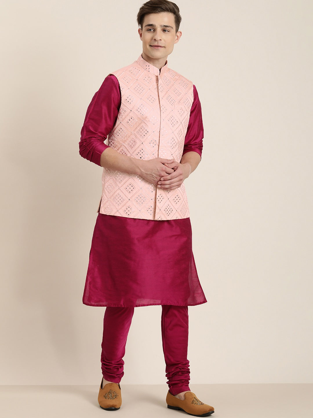 Sarvati Men's Fuchsia & Pink Solid Kurta with Churidar & Nehru Jacket