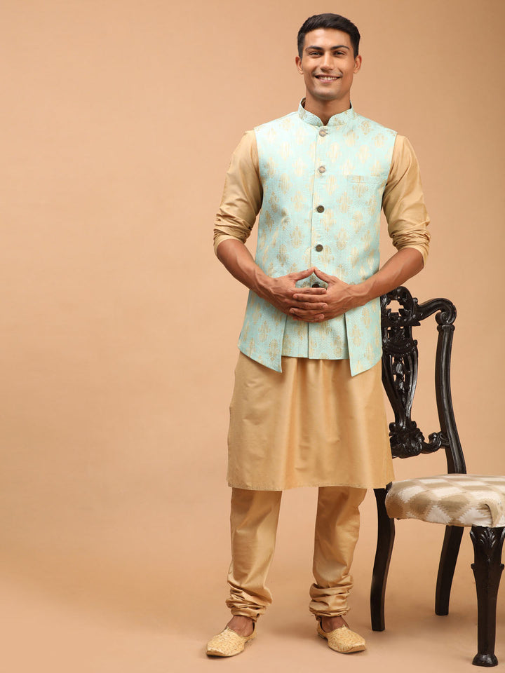 Sarvati Men's Green Woven Design Ethnic Jacket And Rose Gold Kurta And Pyjama Set