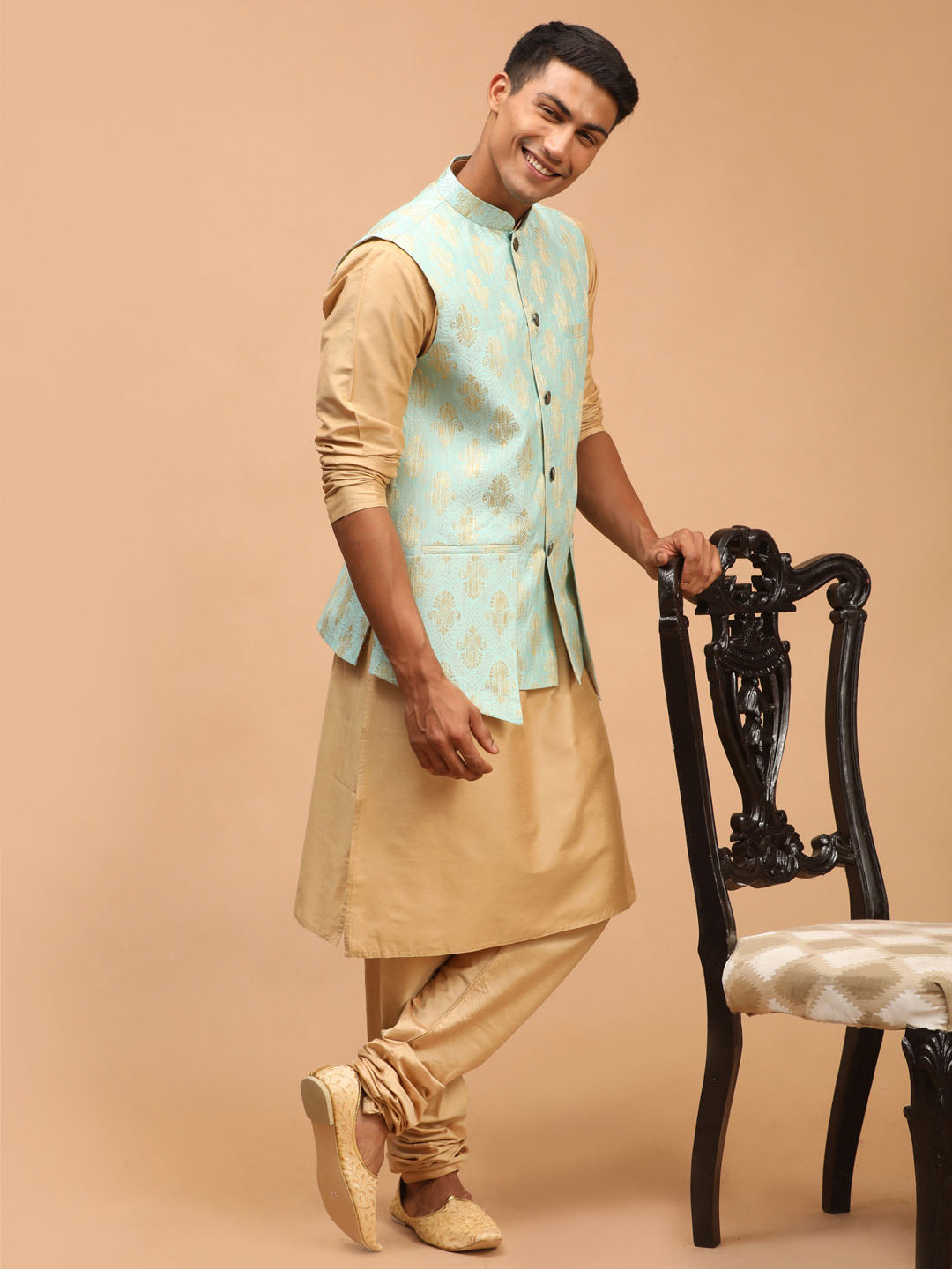 Sarvati Men's Green Woven Design Ethnic Jacket And Rose Gold Kurta And Pyjama Set