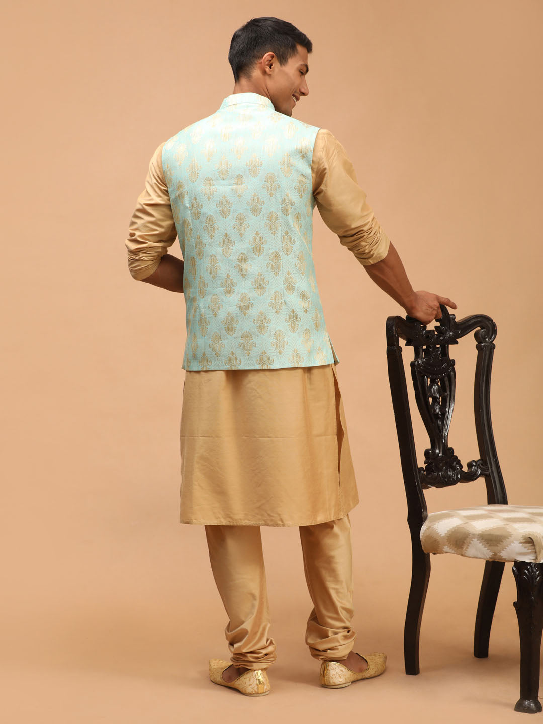 Sarvati Men's Green Woven Design Ethnic Jacket And Rose Gold Kurta And Pyjama Set