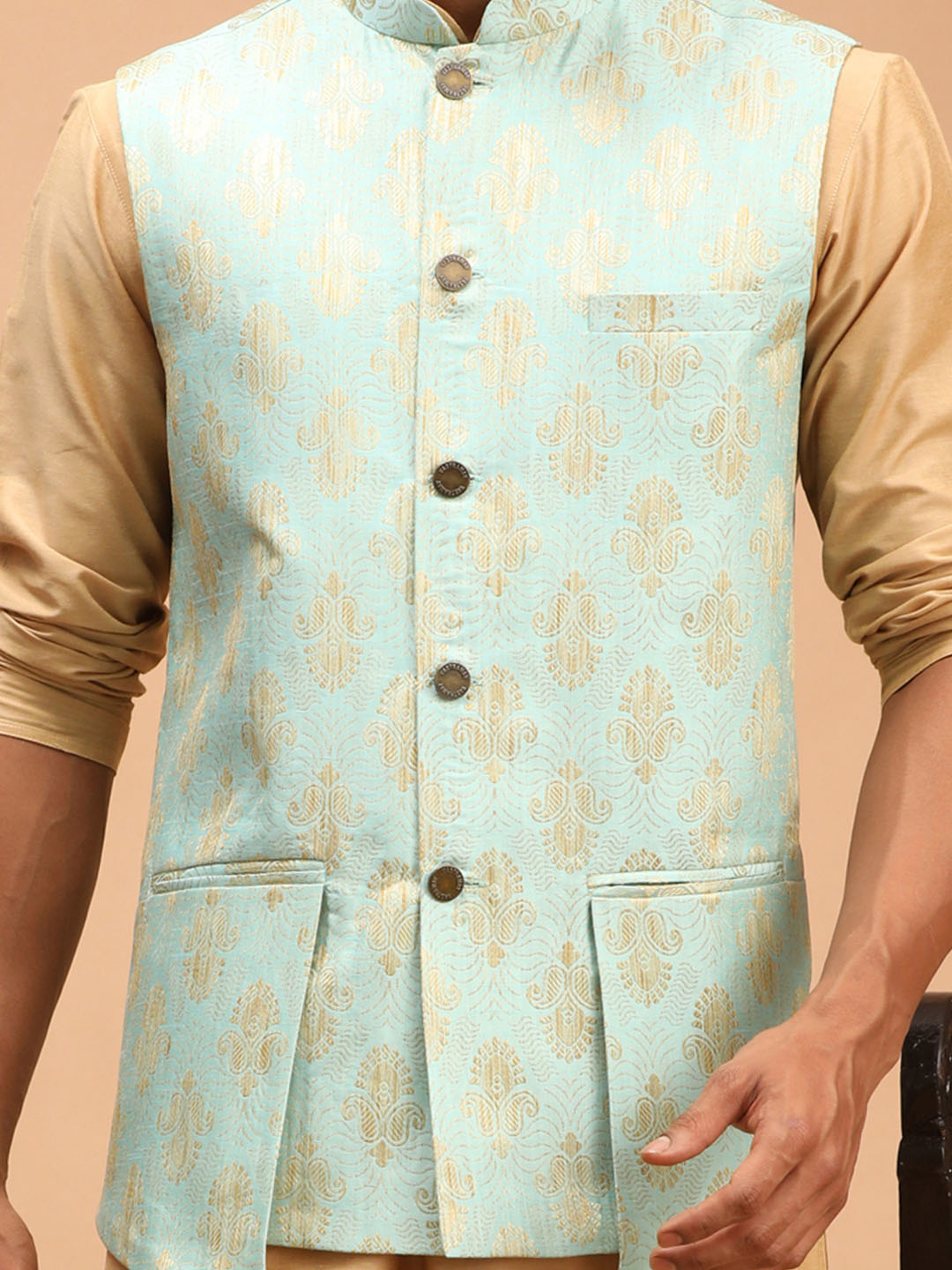 Sarvati Men's Green Woven Design Ethnic Jacket And Rose Gold Kurta And Pyjama Set