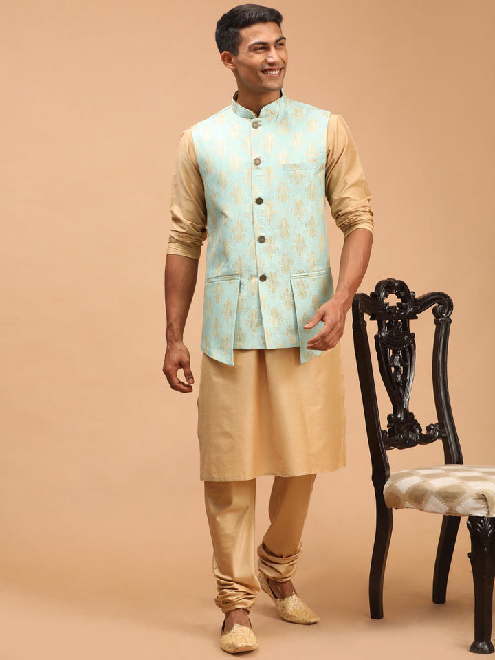 Sarvati Men's Green Woven Design Ethnic Jacket And Rose Gold Kurta And Pyjama Set