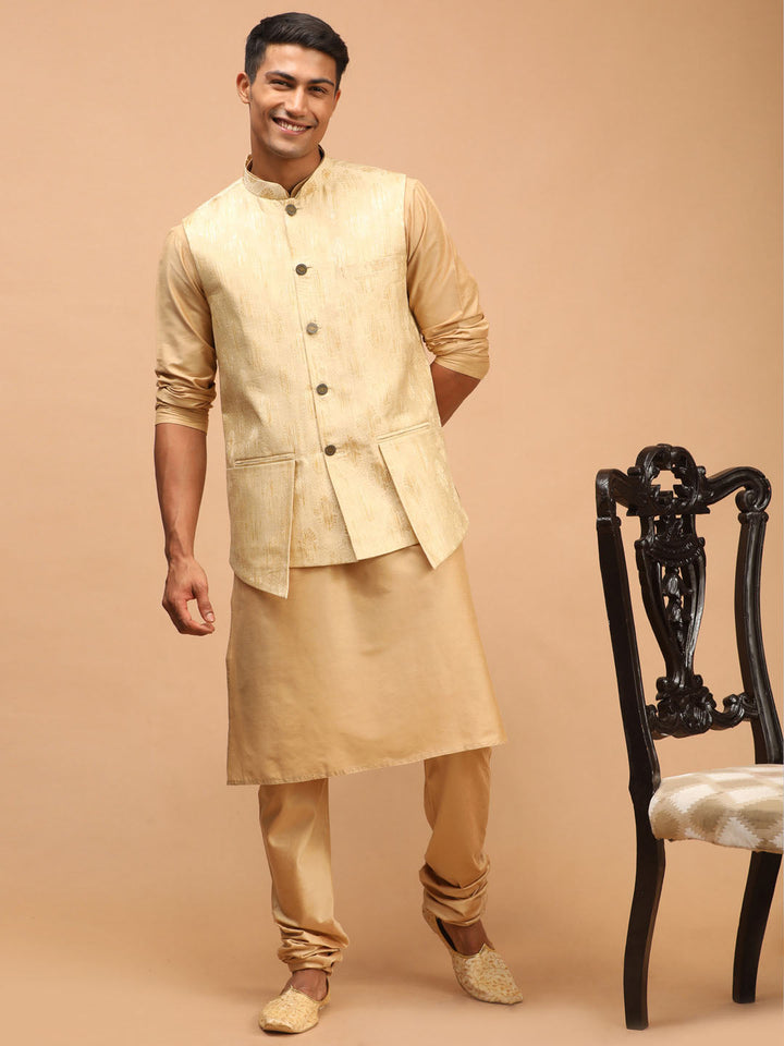 Sarvati Men's Gold Woven Design Flap Ethnic Jacket And Rose Gold Kurta And Pyjama Set