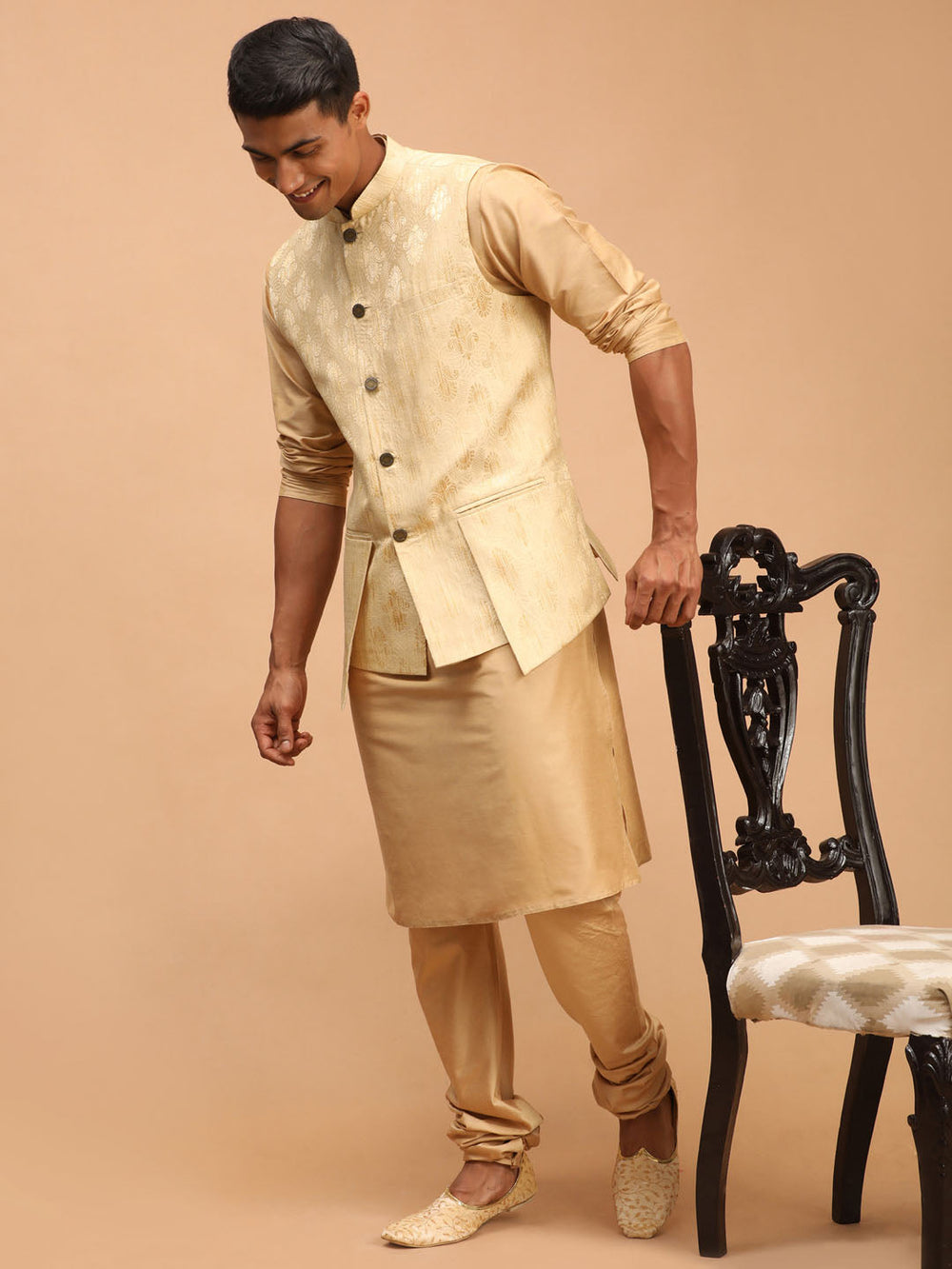 Sarvati Men's Gold Woven Design Flap Ethnic Jacket And Rose Gold Kurta And Pyjama Set