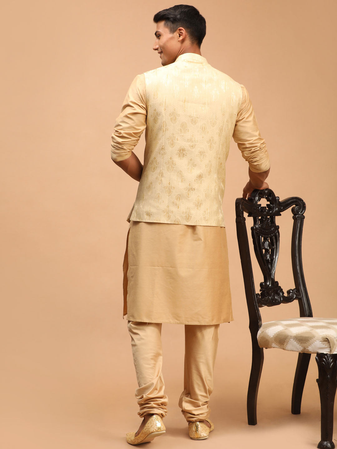 Sarvati Men's Gold Woven Design Flap Ethnic Jacket And Rose Gold Kurta And Pyjama Set