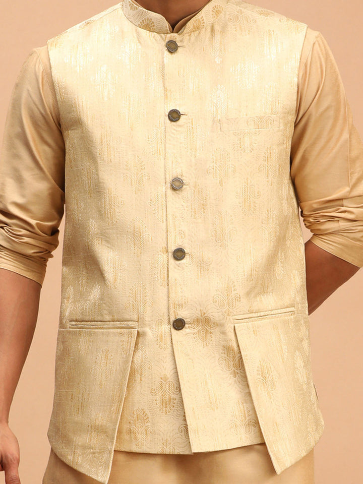 Sarvati Men's Gold Woven Design Flap Ethnic Jacket And Rose Gold Kurta And Pyjama Set