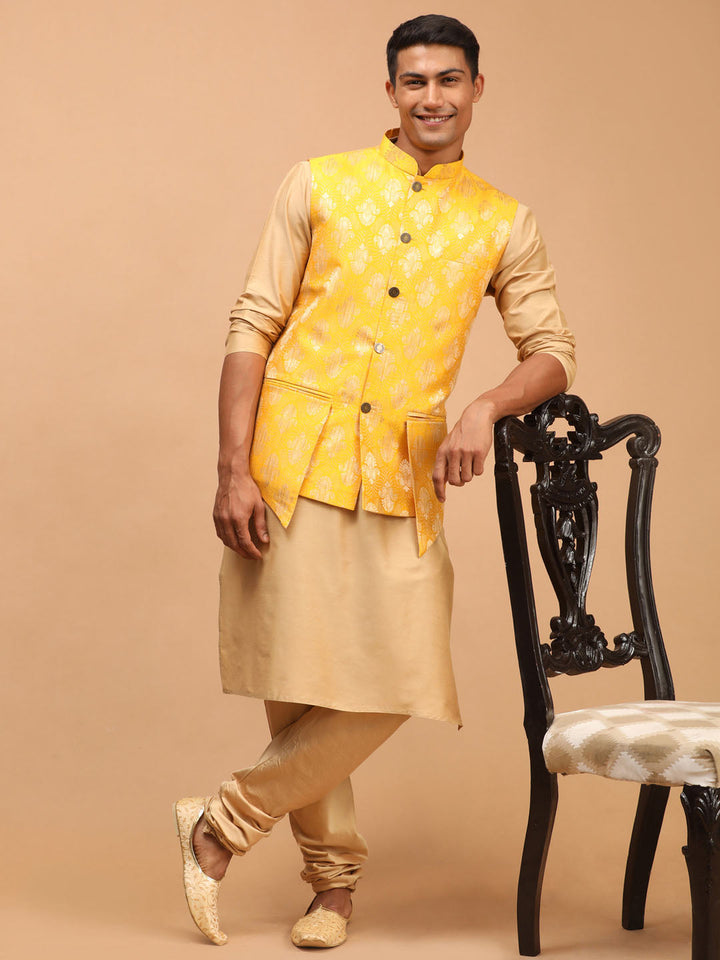 Sarvati Men's Yellow Woven Ethnic Jacket And Rose Gold Kurta And Pyjama Set