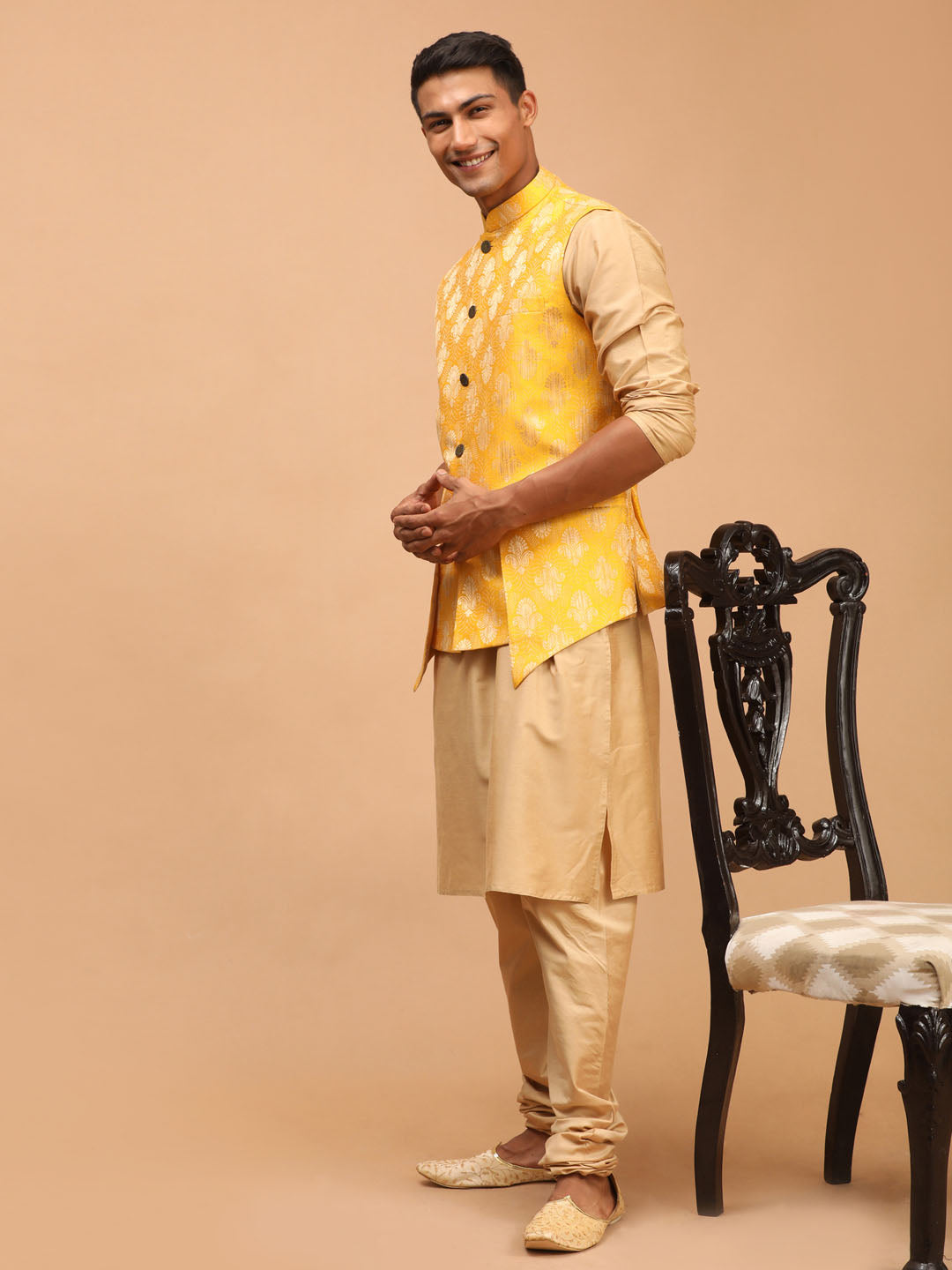 Sarvati Men's Yellow Woven Ethnic Jacket And Rose Gold Kurta And Pyjama Set